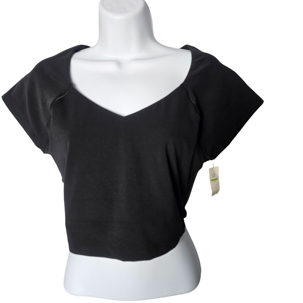 OFFLINE by Aerie Women Real Me V Neck Cap Sleeve Crop Top Large Black Athleisure